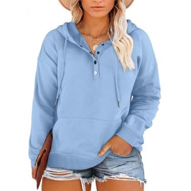 Imagem de Blusas com capuz Eytino femininas plus size, gola de botão 2X azul