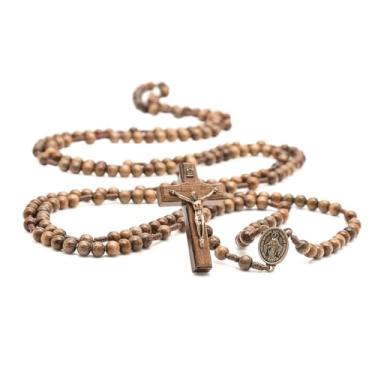 Imagem de Terço Rosário em Madeira Imbuia, 200 Ave Marias, Nossa Senhora das Graças, Metal Ouro Velho, Crucifixo 6cm, 121cm de Comprimento