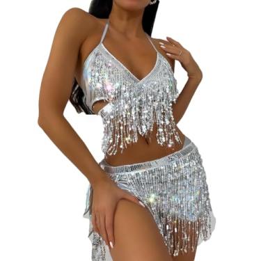 Imagem de THSCWY Biquíni feminino sexy de lantejoulas triangulares com saia com acabamento de franja 3 peças, Branco, M