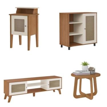 Imagem de Rack para TV 75" com Gaveta Central e Pés em Madeira Maciça - Beleza e Funcionalidade (Bege)