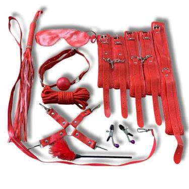 Imagem de Kit Sado BDSM Erótico Fetiche 11 Peças Vermelho Couro Fantasia Bondage Dominação Algema Coleira