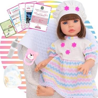 Imagem de Boneca Bebê Reborn Menina Realista em Silicone com Roupinha e Acessórios Inclusos 45 cm (Arco-íris)
