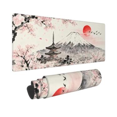Imagem de Mouse pad japonês 31,5 x 11,8 XL cinza rosa flores de cerejeira montanha aquarela grande mousepad teclado mouse pad pad pad mesa com base de borracha antiderrapante bordas costuradas para jogos de