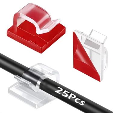 Imagem de 25 peças de clipes de fio adesivos transparentes, grampos de cabo para gerenciamento de cabos externos, organizador de fios, suporte de cabo para embaixo da mesa, carro, parede, TV PC cabo Ethernet