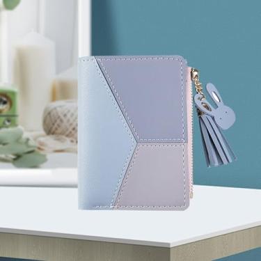 Imagem de Carteira feminina, carteira com porta-cartões de poliuretano com botão de pressão, pequena com zíper, carteiras duplas com pingente para viagens, Azul, Casual