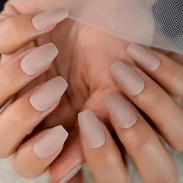 Imagem de Unhas de caixão unhas postiças tamanho curto unhas postiças cáqui acrílico imprensa em unhas manicure pontas reutilizáveis com abas arte de unhas cor pura