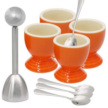 Imagem de Kyuionty Conjunto de cortadores de cerâmica para ovos cozidos macios, 4 copos de ovo laranja, 1 cortador de ovos de aço inoxidável, 4 colheres SS na cozinha, festas para cozinhar no café da manhã