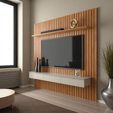 Imagem de Painel Ripado Para Tv Até 75 Polegadas Home Antares Suspenso Com Nicho 3 Gavetas E Prateleira Cinamomo/off White
