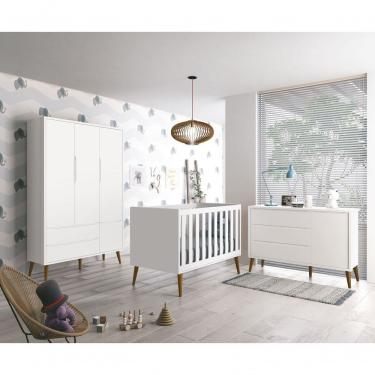 Imagem de Jogo De Quarto Para Bebê Completo 3 Portas Théo New Branco Fosco Com Madeira - Moveisaqui