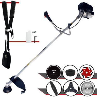 Imagem de Roçadeira Profissional Completa Toyama RT43LB-25A À Gasolina 2 Tempos 43cc 1,7HP de Potência Alta Rotação Com Carretel Nylon + Kit 5 Lâminas de Cortes