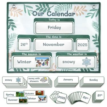 Imagem de AKAYOK Tabela de bolso para calendário com 70 cartões – Calendário de parede grande de 47 x 36,8 cm 2024-2028 com 2 bolsos de armazenamento, tabela meteorológica perfeita para aprendizado em