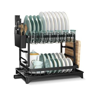 Imagem de Decolab Escorredor de Louça - Com Bandeja Para Saída de Água - Para Pratos de Jantar, Talheres e Copos (Preto, 2 Andares)
