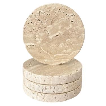 Imagem de Conjunto de 4 porta-copos de mármore travertino bege, pedra absorvente, 10 cm de diâmetro, neutro, para xícara de café e bebidas de bar, redondos