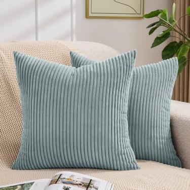 Imagem de Yosodeko Capas de almofada decorativas cinza azul 40,6 x 40,6 cm, pacote com 2, capas de almofada de veludo cotelê macio, textura listrada, minimalista, moderna, decoração de casa para sofá, poltrona