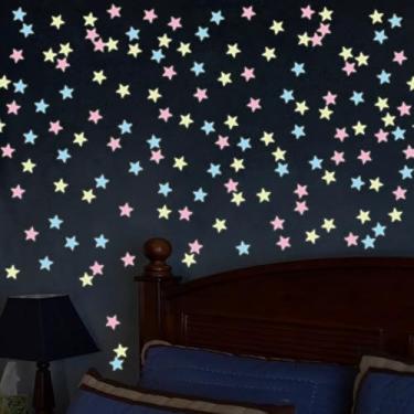 Imagem de 100 peças de adesivos de parede de estrelas que brilham no escuro luminoso 3D fluorescente decoração para casa quarto teto (100 peças coloridas)