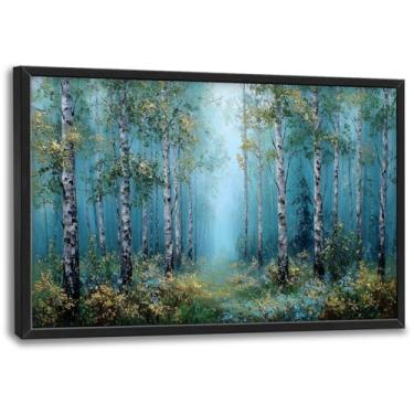 Imagem de Arte de parede grande para sala de estar tela de bétula verde decoração de parede imagens de árvores pinturas de floresta impressões de natureza grande arte emoldurada decorações modernas para