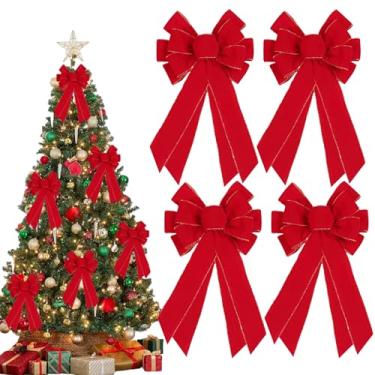 Imagem de Pacote com 4 peças de laços vermelhos de Natal para decoração ao ar livre, grande arco de enfeite de árvore de Natal, laço de guirlanda de veludo com borda dourada com glitter para decoração de porta