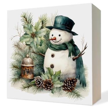 Imagem de ATBWGT Placa de caixa de madeira rústica de pinheiro de inverno, decoração de Natal de fazenda, cachecol verde profundo boneco de neve placa de bloco de madeira para decoração de prateleira de mesa de