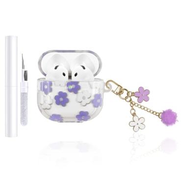 Imagem de AZGYIAI Capa compatível com Apple AirPods 4ª geração (2024), TPU macio com estampa floral fofa para AirPods 4, capa com chaveiro de flores e kit de limpeza para meninas e mulheres (roxo)