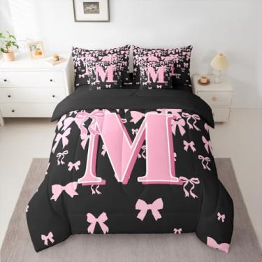 Imagem de jejeloiu Conjunto de edredom com laço fofo, 7 peças, solteiro, letra M, para crianças, meninos, meninas, preto, rosa, coquete, monograma, respirável, macio