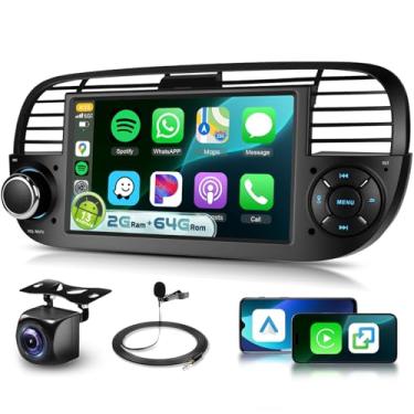 Imagem de Rádio veicular 2G + 64G para Fiat 500 2007-2015 Android 13 DSP sem fio Carplay Android Auto, tela sensível ao toque IPS de 7 polegadas com Bluetooth, rádio FM/RDS, USB, WiFi, navegação GPS, câmera de