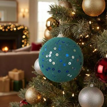 Imagem de Bola De Natal Decorada Glitter Lantejoula Azul 8 Cm 3 Peças - Tok da C