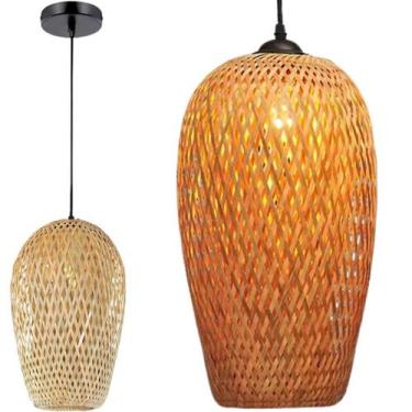 Imagem de Lustre Pendente Bambu 37Cm Fibra Natural Luminária Teto - GIMPO