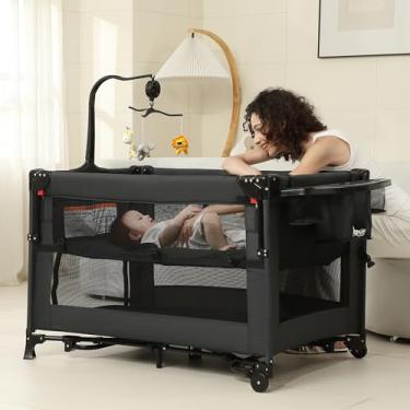 Imagem de A2DAO Conjunto 5 em 1 para dormir, berço de cabeceira para bebê, berço de cabeceira com trocador, brinquedo de viagem dobrável para recém-nascidos e crianças (preta)