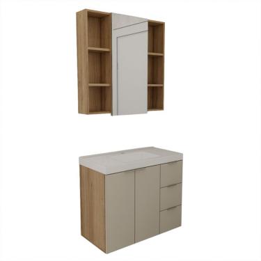 Imagem de Conjunto de Gabinete e Armário de Banheiro com Espelho Vittare II 3 Portas 3 Gavetas Carvalho e Branco