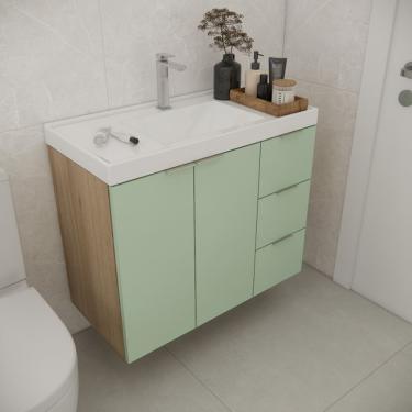 Imagem de Gabinete de Banheiro Vittare 2 Portas 3 Gavetas Carvalho e Verde