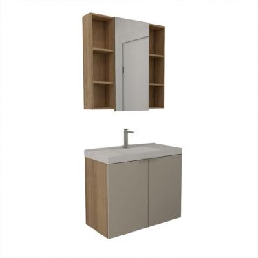 Imagem de Conjunto de Gabinete e Armário de Banheiro com Espelho Vittare II 3 Portas Carvalho e Branco