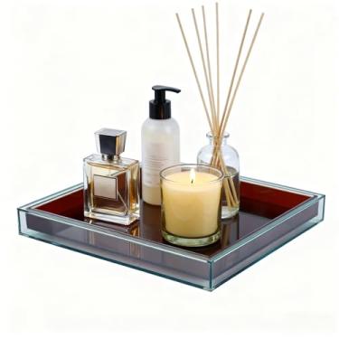 Imagem de Bandeja de acrílico marrom de 25,4 x 25,4 cm, bandeja decorativa de balcão de banheiro para perfume, vela, sabonete, mesa de centro e cozinha – Organizador quadrado de acrílico para pia, mesa de