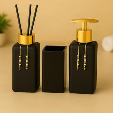 Imagem de Kit Lavabo Banheiro Luxo Square com Difusor, Sabonete Líquido e Porta Escova de Vidro(Preto Fosco C/Dourado)
