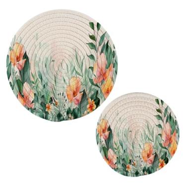 Imagem de Blueangle 2 peças de suporte de panela de flores em aquarela - conjunto de pegadores de panela de tecido redondo - almofadas quentes trançadas de algodão - porta-copos - tapetes de mesa para cozinhar