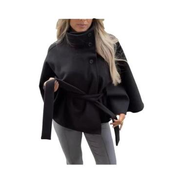Imagem de Casaco Feminino De Lã Sintética Com Gola Alta E Amarração, Elegante E 