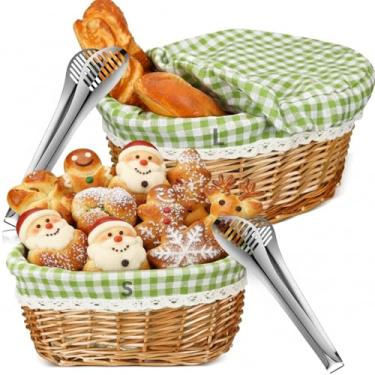 Imagem de Ziliny 2 conjuntos de cesta de pão de vime de 28 cm e 30 cm para servir pão de vime grande de Natal com pinça removível para armazenamento de frutas e presente de cozinha (natural com forro de guingão