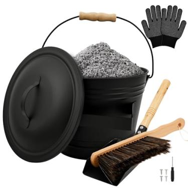 Imagem de Balde de cinzas de 1,5 galão com tampa e pá, balde de cinzas de metal com vassoura, base reforçada e acessórios de lareira de lata de cinzas para fogão a lenha e lareira (4)