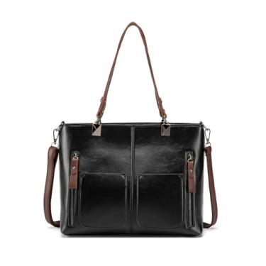 Imagem de myfriday Sacolas femininas vintage de couro grande capacidade com zíper alça superior bolsa feminina bolsa de ombro bolsa de ombro (preto)