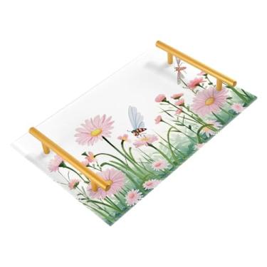 Imagem de Wassud Bandeja de banheiro margaridas e libélulas com alças, organizador de perfume de joias de acrílico para banheiro, quarto, cozinha, balcão de 30 x 20 cm