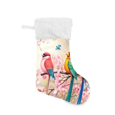 Imagem de Wassud Meia de Natal fofa com pássaros de punho branco nos galhos 45,7 cm grande para decoração de lareira e cornija de lareira pacote com 2