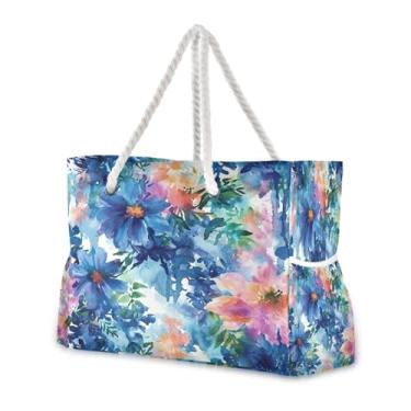 Imagem de Wassud Bolsa de praia com flores coloridas (2) bolsas de praia grandes para mulheres, à prova d'água, à prova de areia, bolsa de viagem com zíper e bolso para piscina, academia, acampamento