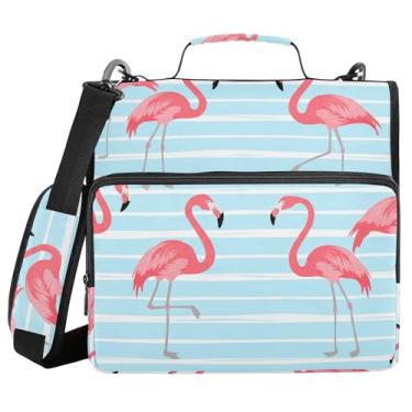 Imagem de Burbuja Pasta de fichário flamingo em listras azuis com zíper com 3 anéis com lixa expansível e alça de ombro serve para laptop de 13 polegadas, vários bolsos para trabalho de escritório