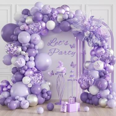 Imagem de Kit de arco de balão roxo com confete roxo metálico pastel balões brancos prateados para casamentos, chás de bebê, decorações de festa de aniversário