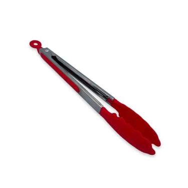 Imagem de Pinça Culinária de Silicone e Inox, Vermelho, 30 cm, Pegador Multiuso para Fritura