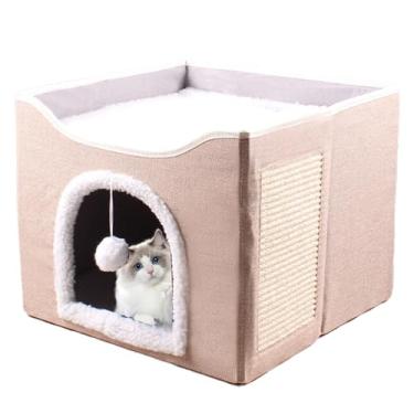 Imagem de Cama de caverna de gato, casas de gatos para gatos internos | Cama de gato de casa grande,Tenda de condomínio para dormir, ninho de estimação de casas de cubo macio com bola de pelúcia e arranhão, su