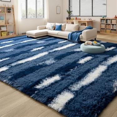 Imagem de FALARK Tapete felpudo listrado azul para quarto de meninos, 1,2 x 1,8 m, macio e macio para decoração de quarto de crianças, tapete lavável antiderrapante, tapetes felpudos para sala de estar, sala de