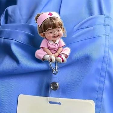 Imagem de Carretel de crachá de acrílico retrátil com clipe jacaré - design fofo de enfermeira, clipe de identificação de enfermeira para trabalhadores médicos/funcionários de escritório/XPJ-12