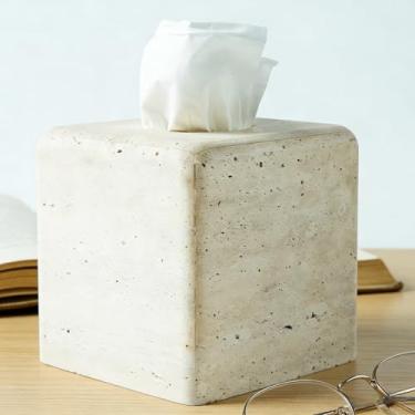 Imagem de Capa de caixa de lenços de travertino, porta-guardanapos estilo simplicidade, caixa de lenços quadrada com fundo de placa de acrílico, suporte de papel higiênico natural para banheiro, quarto, sala de