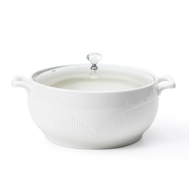 Imagem de TAOCIGOU Terrina de sopa de cerâmica com tampa de vidro, tigela de servir de porcelana com tampa e alças, seguro para micro-ondas, lava-louças e forno, 2,5 L, branco, redondo (3,5 L)