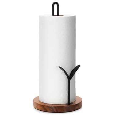 Imagem de SUNNEKO Suporte de toalha de papel de madeira, suporte de rolo de cozinha preto, suporte de papel de cozinha rústico fácil de rasgar para mesa de jantar (folha A)